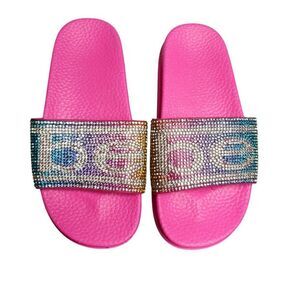 Bebe Toddler Girls Slides 11/12 Hot Pink Bling Rhinestone Logo Slides Sandals XL